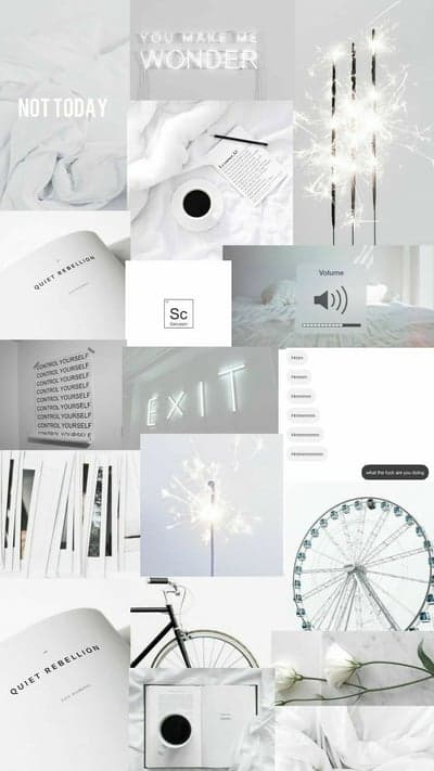 Aesthetic White Collage: Sparklers, Neon Signs, and Coffee