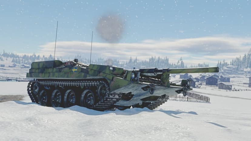 Camouflaged Swedish Strv 103 tank on a snow-covered ridge with a smoke cloud and winter forest background.