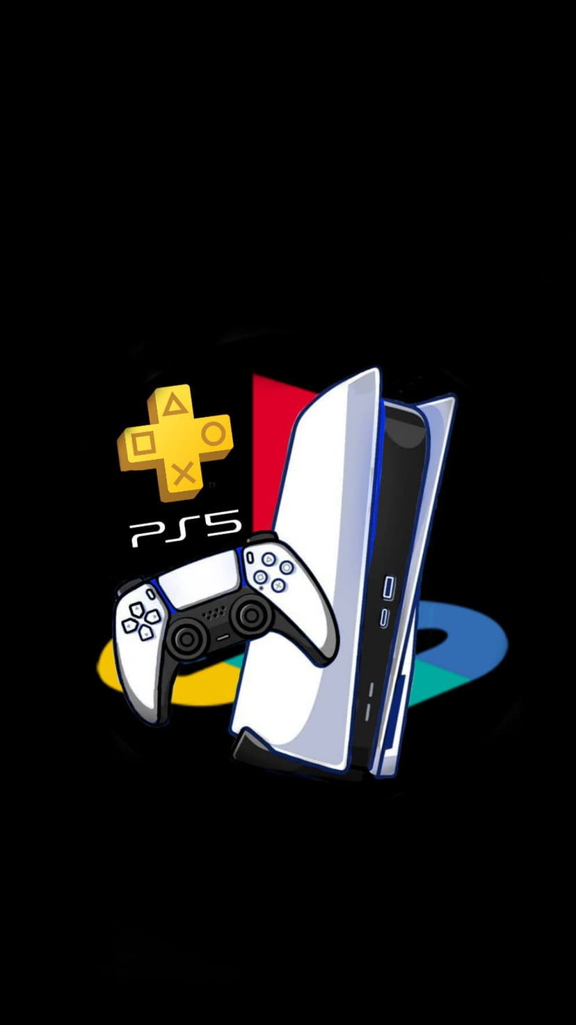 PlayStation 5 console and DualSense controller stand beside floating triangle, circle, cross and square symbols.