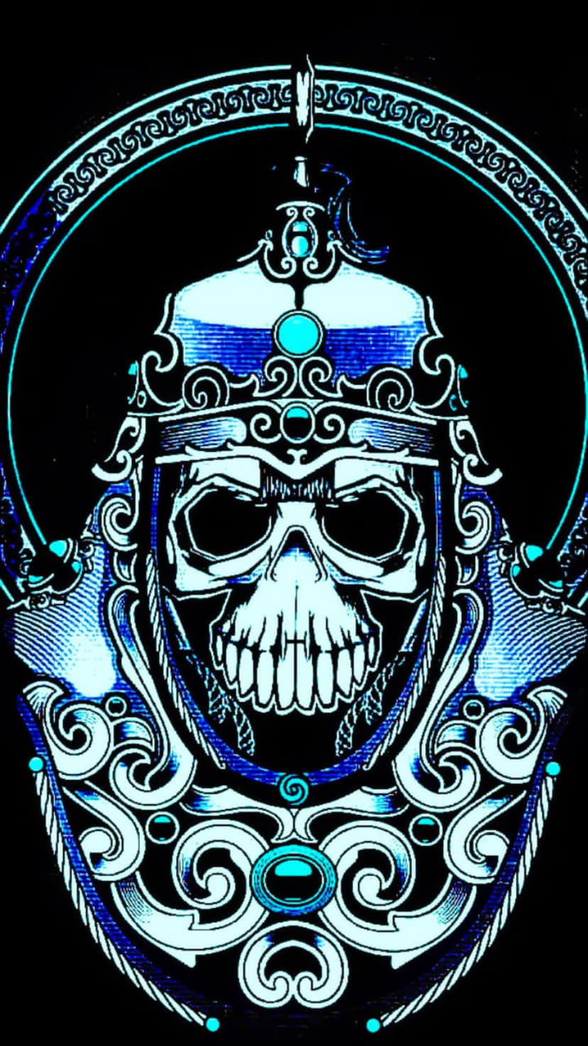 Ornate skull with a blue-accented medieval helmet featuring intricate swirling patterns on a black background.