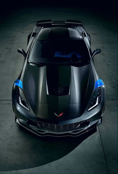 Dark Gray Corvette C7 with Blue Racing Stripes