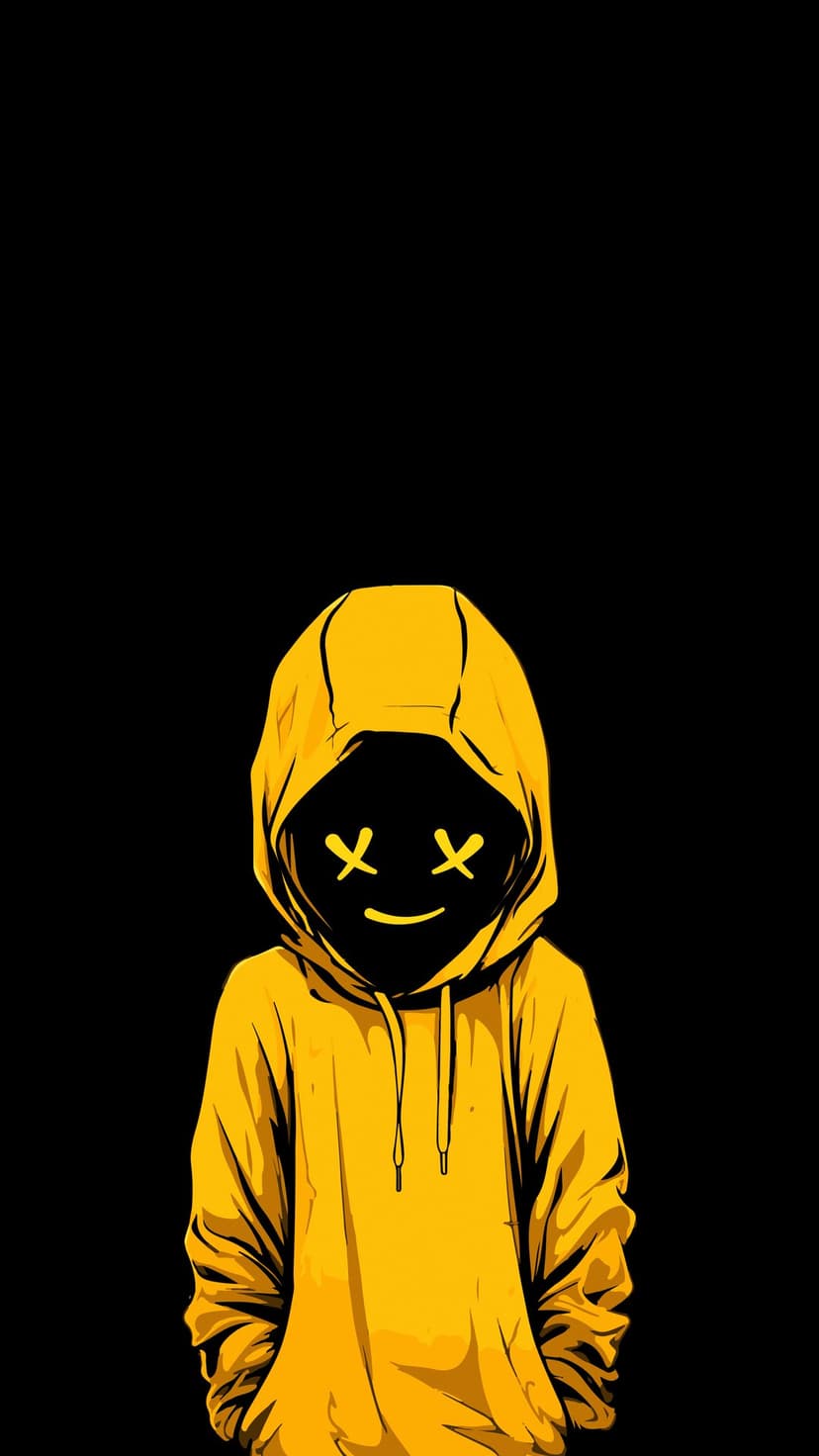 Hooded figure in a bright yellow sweatshirt with glowing X-shaped eyes against a solid black backdrop.