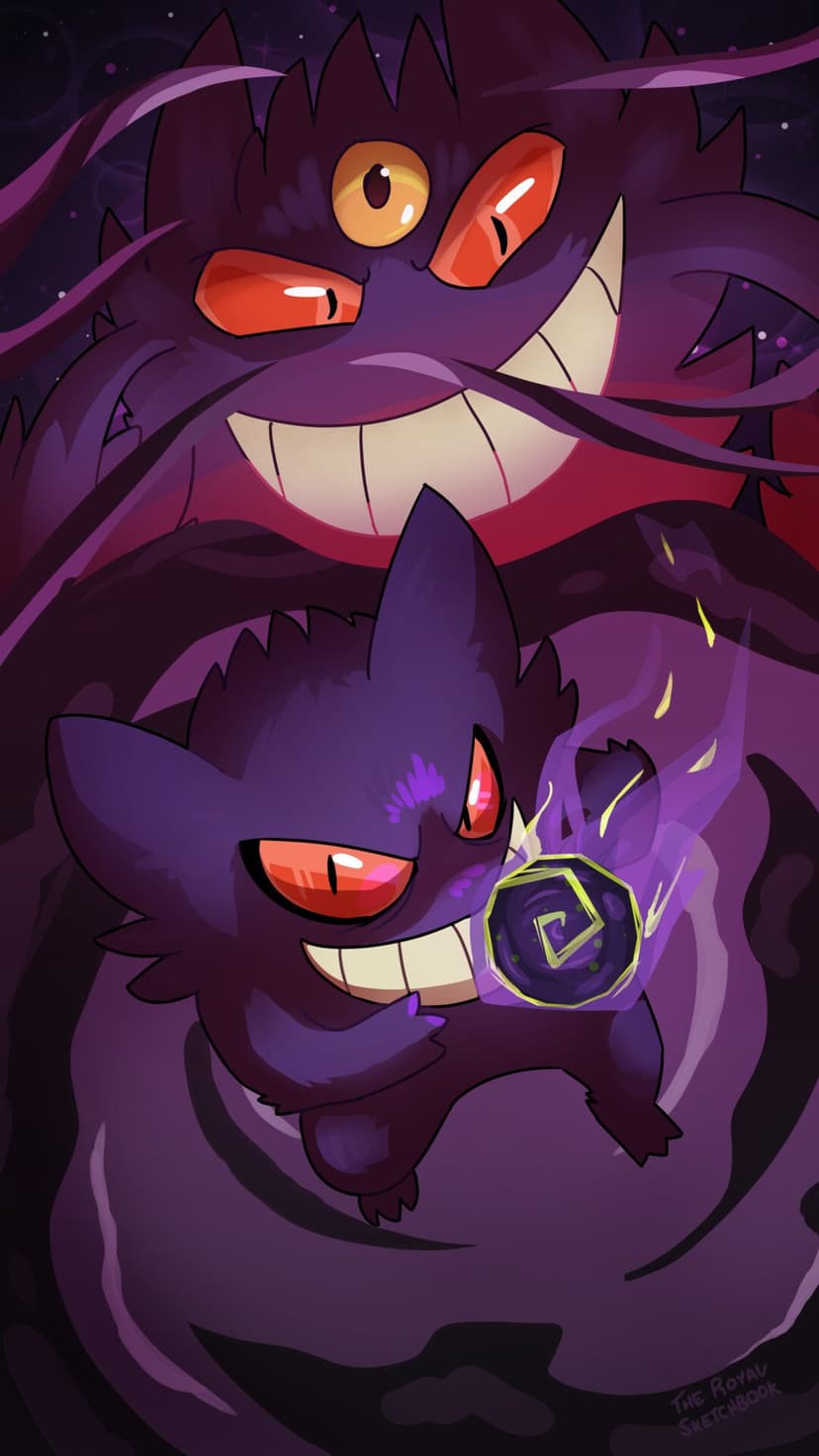 Gengar holding a glowing purple energy sphere with Mega Gengar looming in a dark swirling purple background.