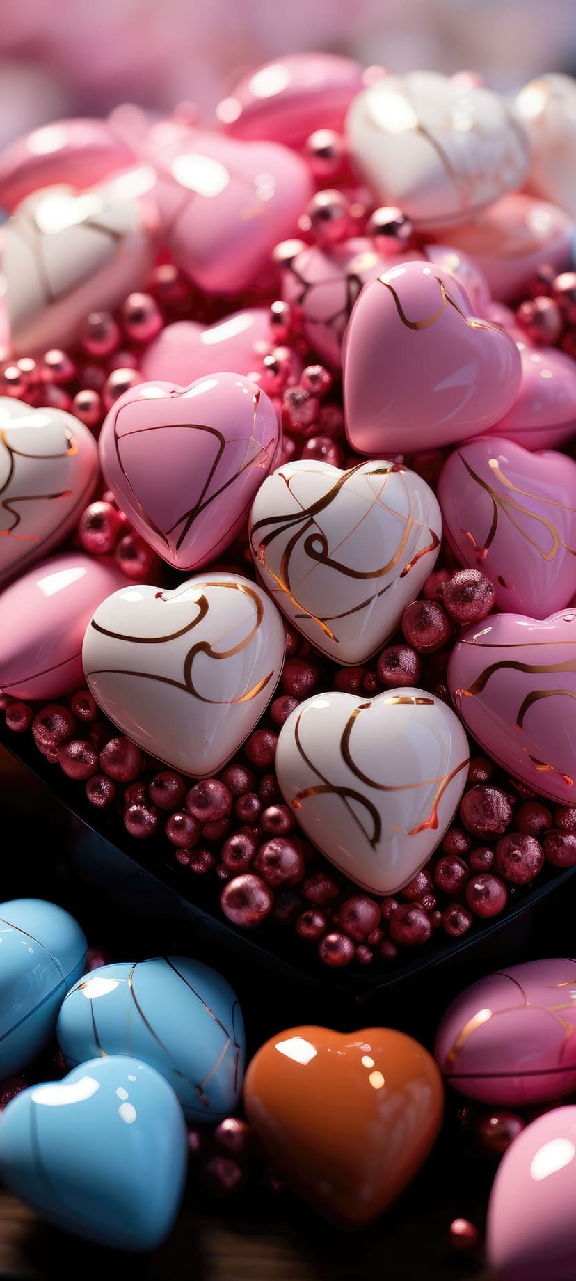 Heart-shaped candies with gold swirls lie on a bed of rose-gold pearls, capturing a romantic and festive texture.