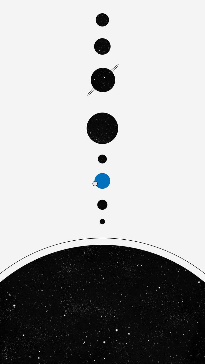 Stylized planets including a ringed sphere align vertically over a dense field of small shimmering white stars.