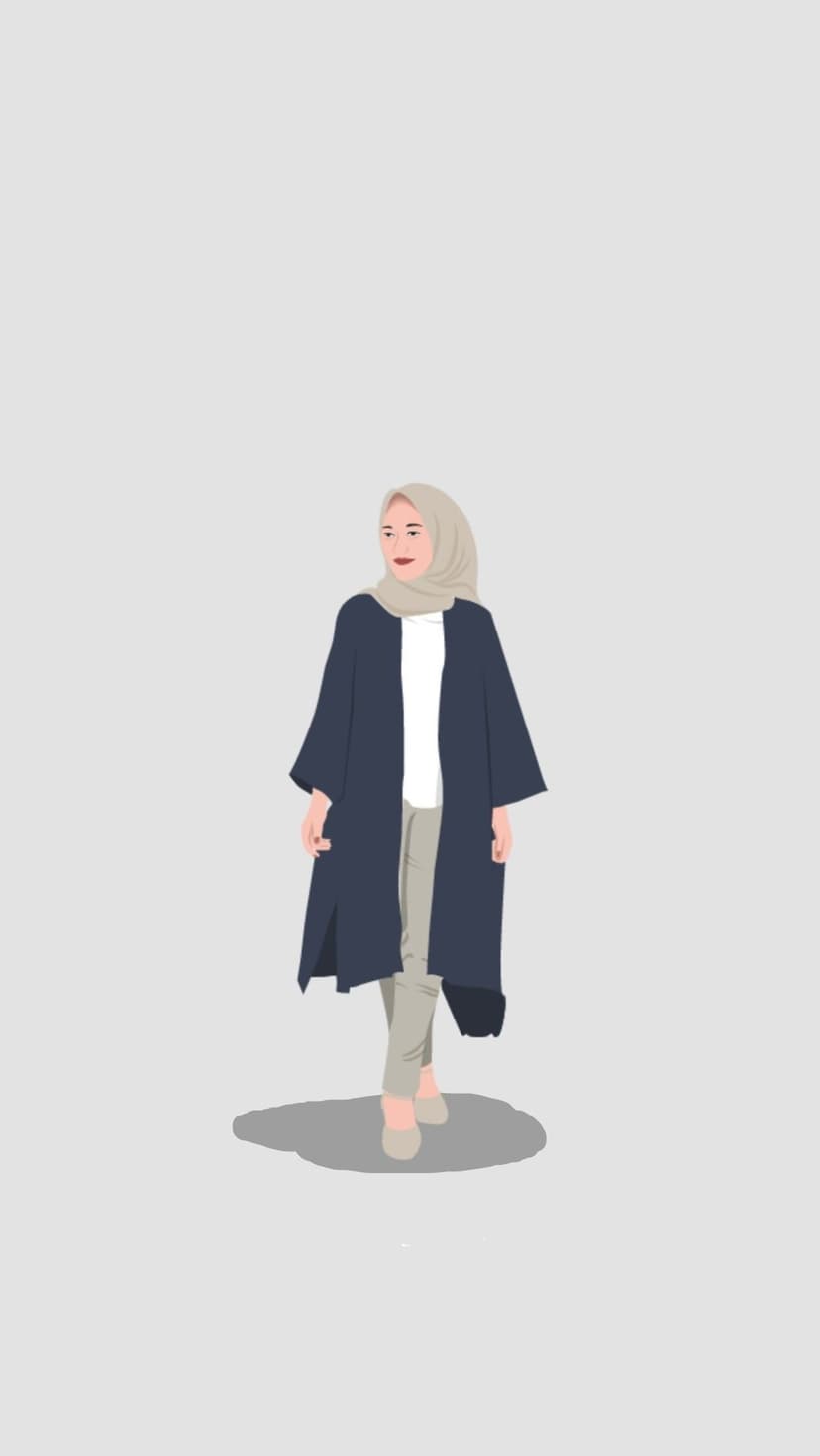 Muslim woman wearing a beige hijab and navy blue coat stands against a light grey background with subtle shadows.