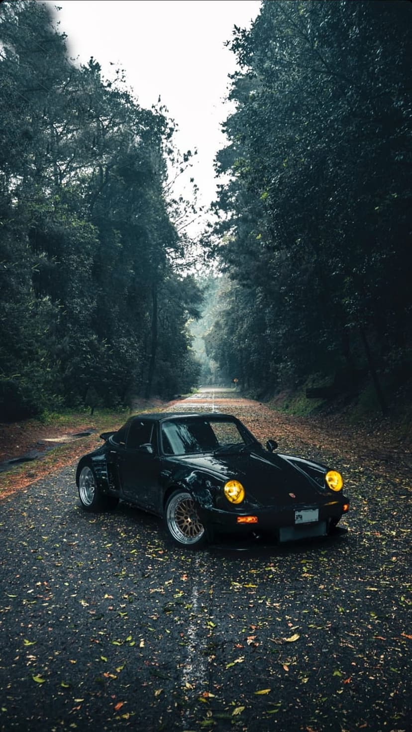 Vintage black Porsche with yellow headlights parked on a wet road covered in autumn leaves in a dark forest.