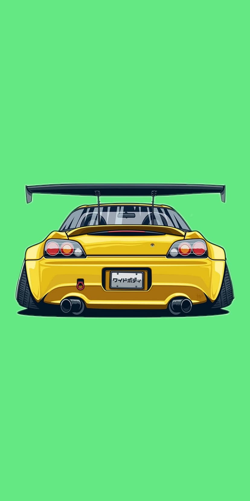 Yellow tuner car with a large rear wing, dual exhaust pipes, and custom lights on a solid green background.