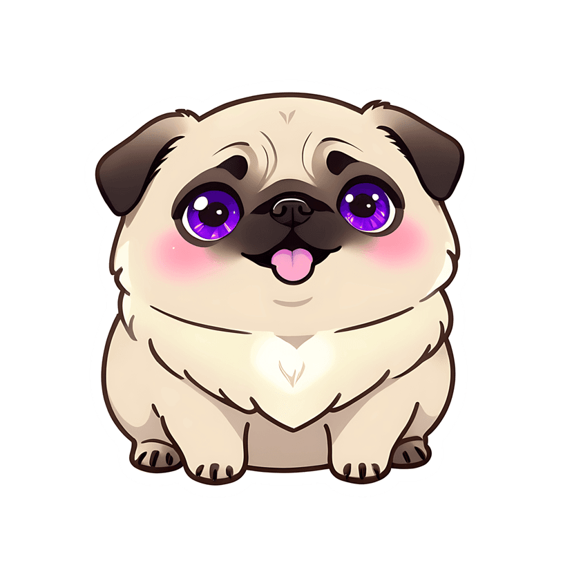 Beige pug puppy sticker featuring purple eyes, pink tongue, and a white die-cut outline on a black background.