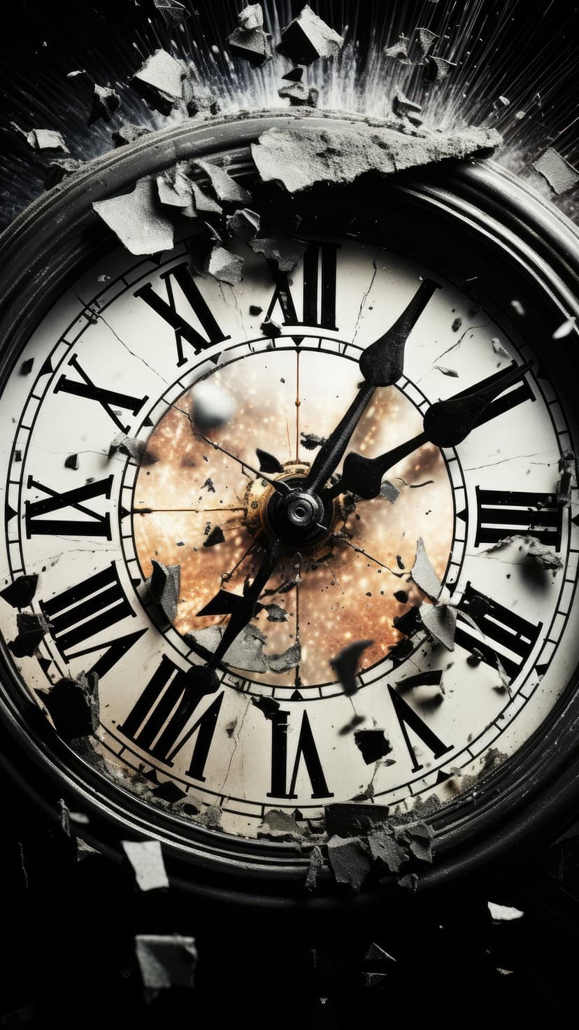 A vintage clock face with Roman numerals shattering into fragments against a swirling purple and blue cosmic nebula.