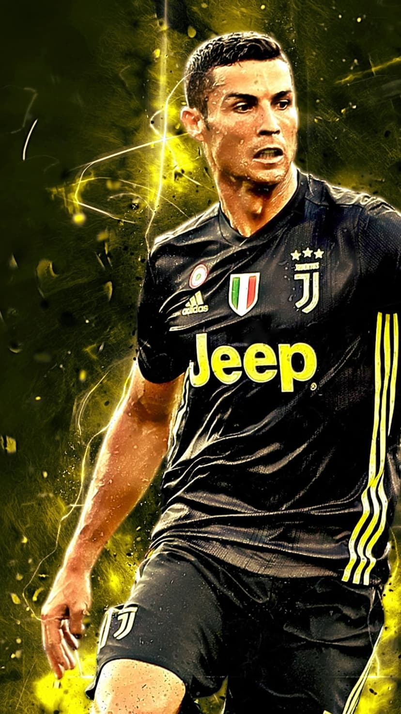 Cristiano Ronaldo wears a black Juventus jersey while bright yellow lightning strikes around his focused form.