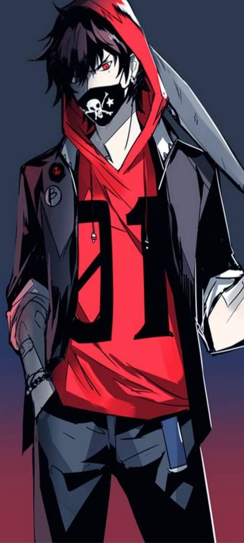Black-haired anime boy wearing a skull face mask and red hoodie with red eyes staring forward intensely.