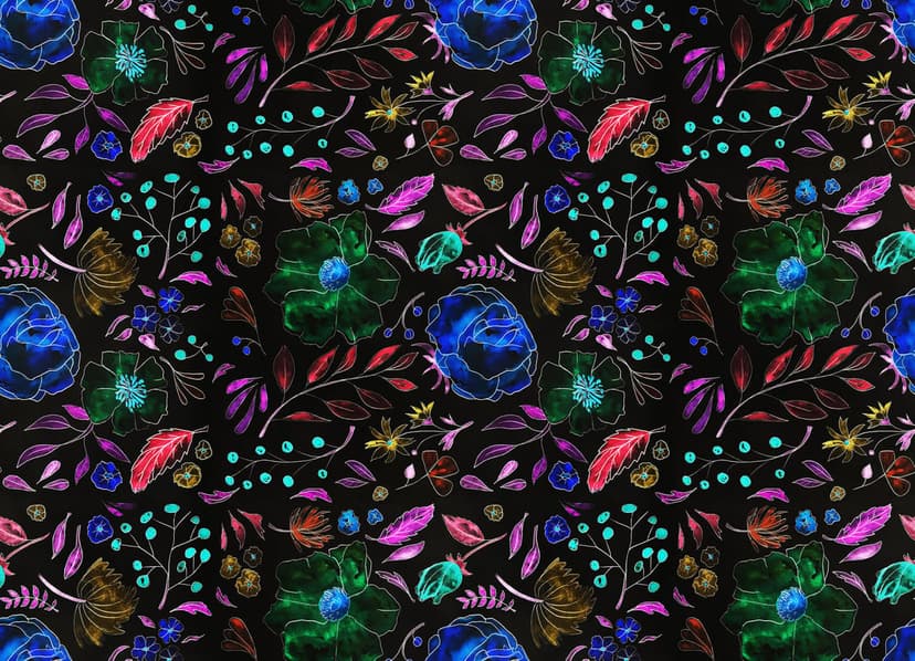 Colorful watercolor flowers and red leaves spread across a black background in a seamless floral pattern.