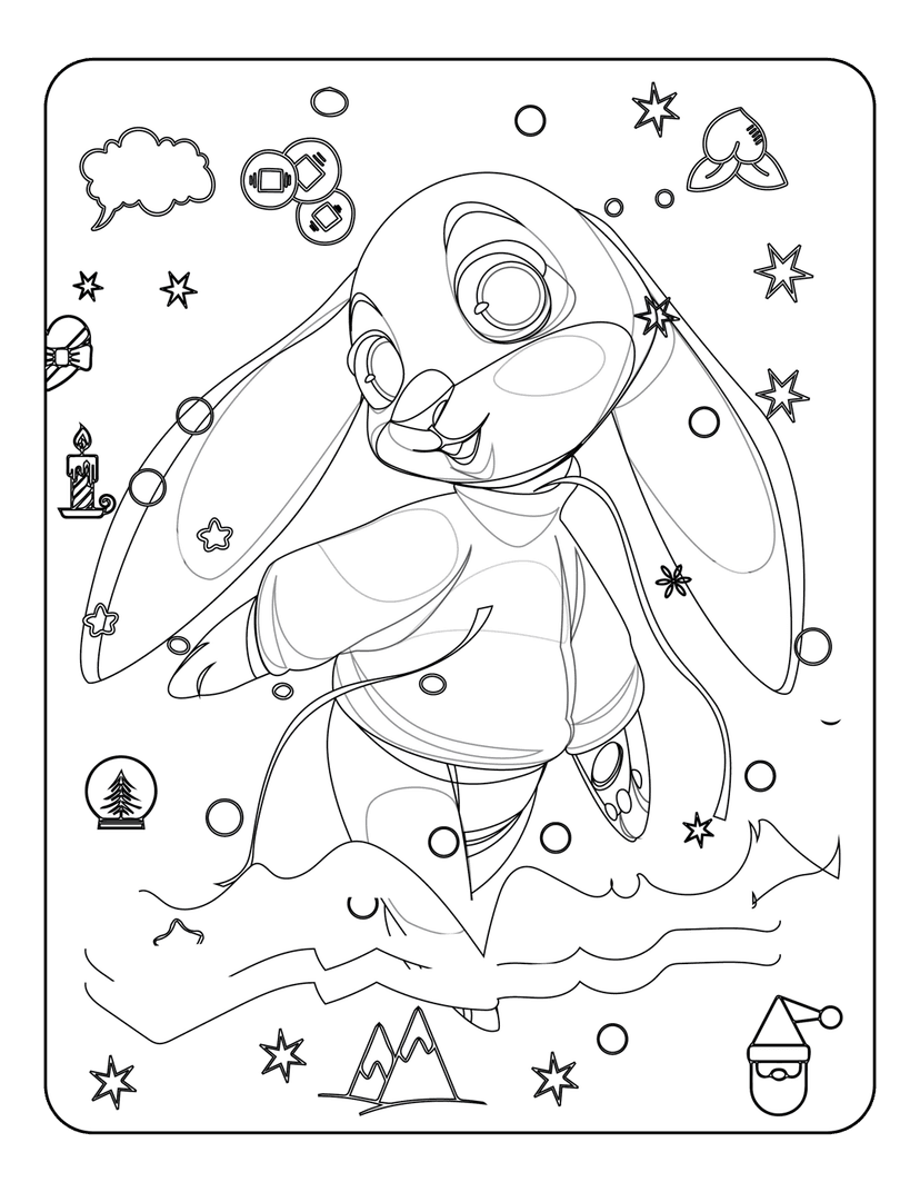 Bunny coloring page featuring a rabbit in a sweater, Santa hat, snow globe, and stars in black line art.