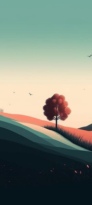 Serene minimalist landscape with tree and birds