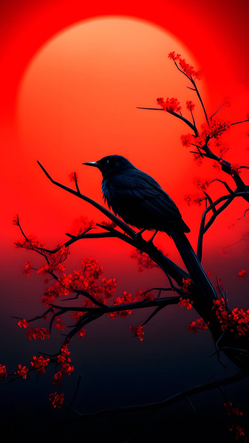 Solitary black bird silhouette sits on a flowering branch before a glowing red sunset in a vertical orientation.