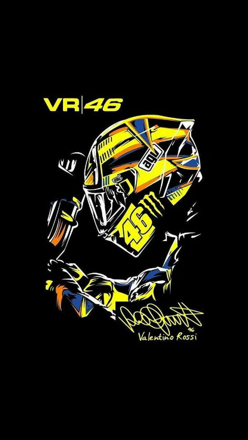 Valentino Rossi's yellow and blue AGV helmet with the number 46 and signature on a dark black background.