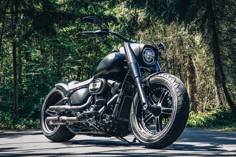 Matte black custom motorcycle on an asphalt road in a dense green forest with sunlight filtering through trees.