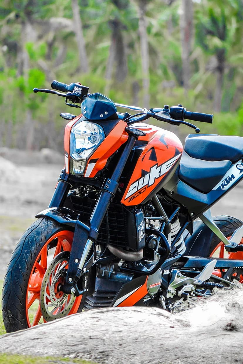 KTM Duke motorcycle with orange highlights sits on jagged rocks against a blurred tropical palm backdrop.