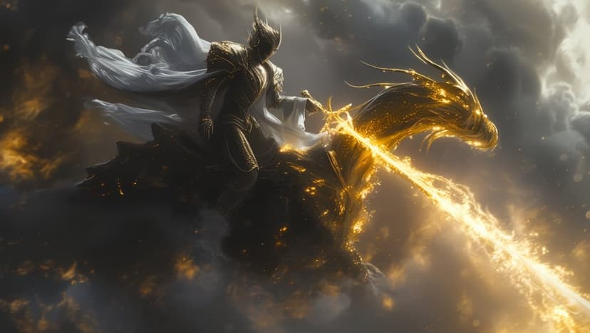 Armored knight riding a golden dragon that blasts a solar beam through dark storm clouds and amber sky light.