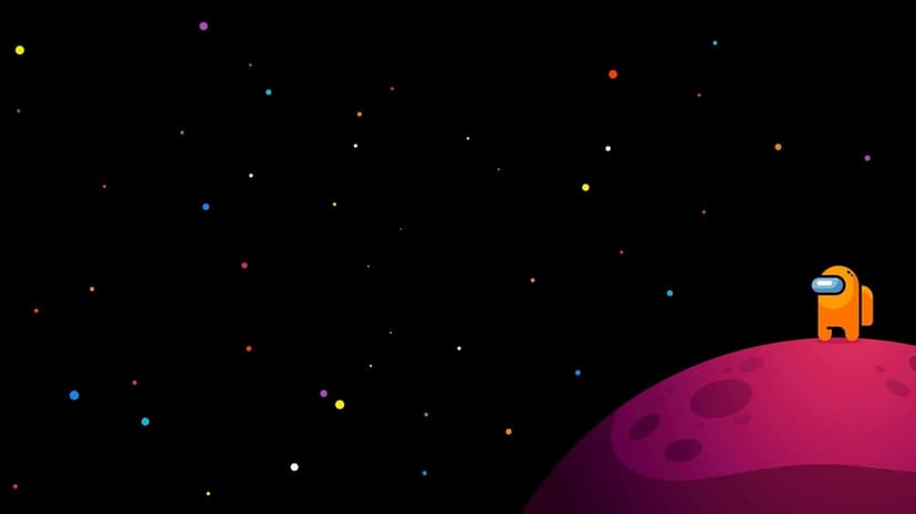 Orange Among Us crewmate stands on a pink cratered planet under a black sky filled with tiny colorful stars.