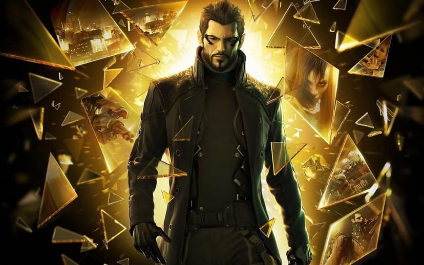 Adam Jensen in a black coat stands amidst exploding golden shards showing scenes of a futuristic city.