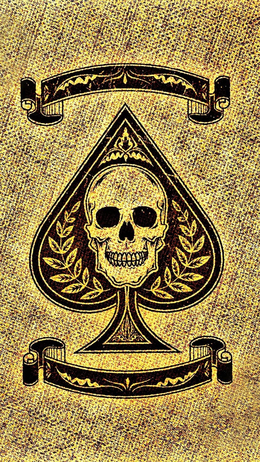 Golden skull integrated into a large spade symbol, surrounded by ornate scrolls and banners on a dark backdrop.