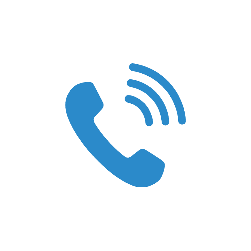 Blue telephone handset icon featuring curved ringing signal waves on a transparent background for UI design.