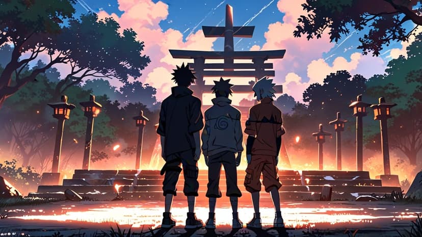 Three ninjas stand before a massive torii gate at dusk with lanterns reflecting in a still pool of water.