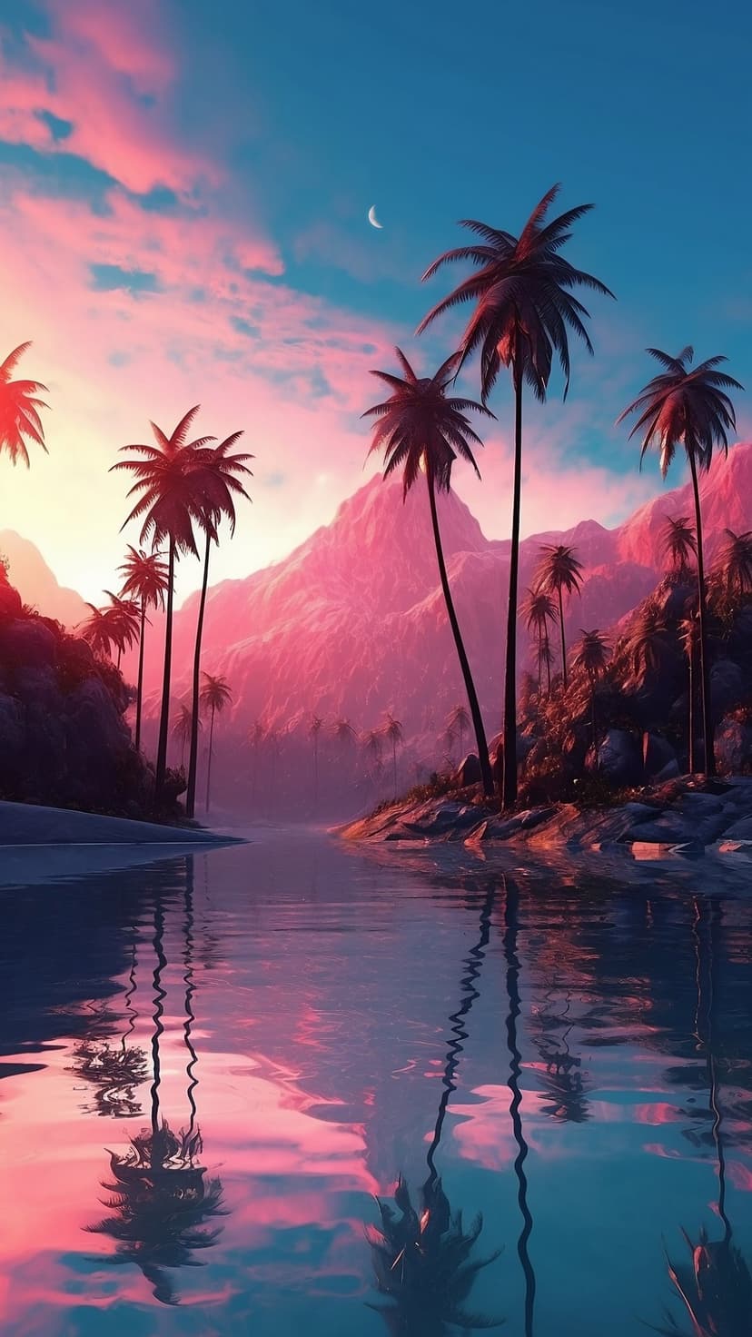 Palm tree silhouettes stand before pink mountains and a crescent moon reflected in calm tropical lagoon waters.