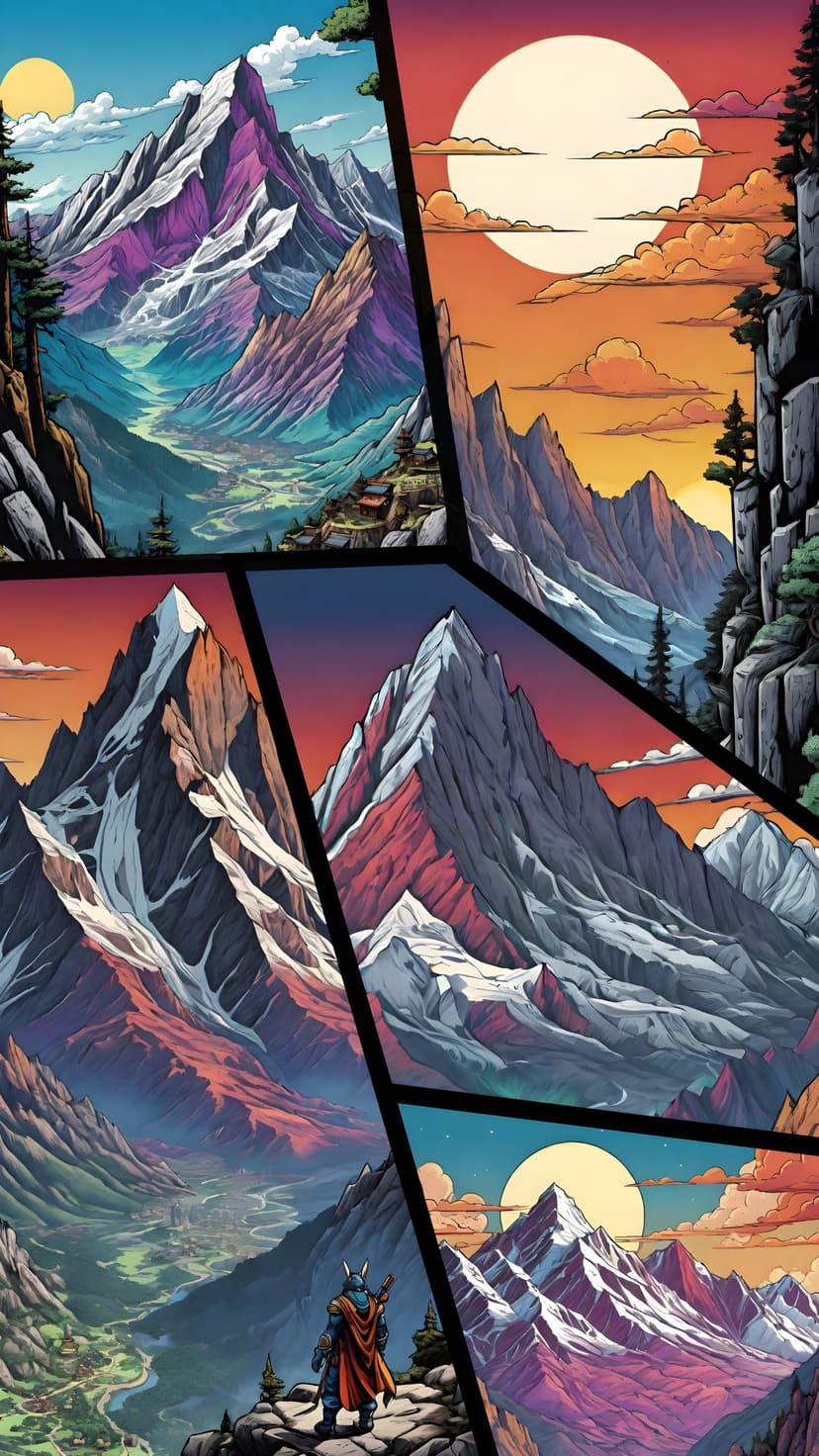 Snow-capped mountain peaks and alpine villages fill vibrant comic panels with a solitary figure observing.