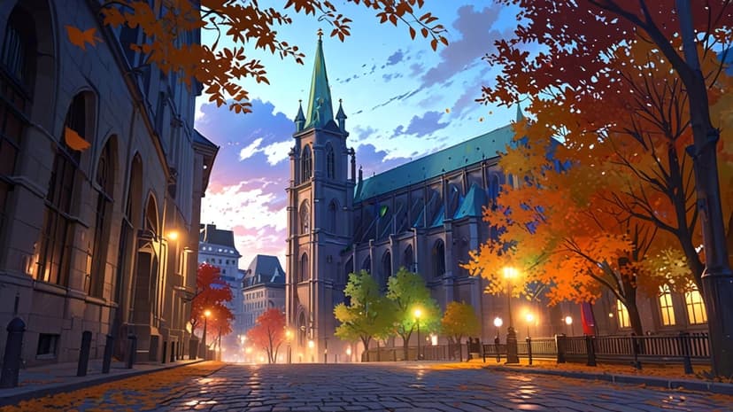 Gothic cathedral spires rise above orange autumn trees and glowing streetlights under a twilight sky.