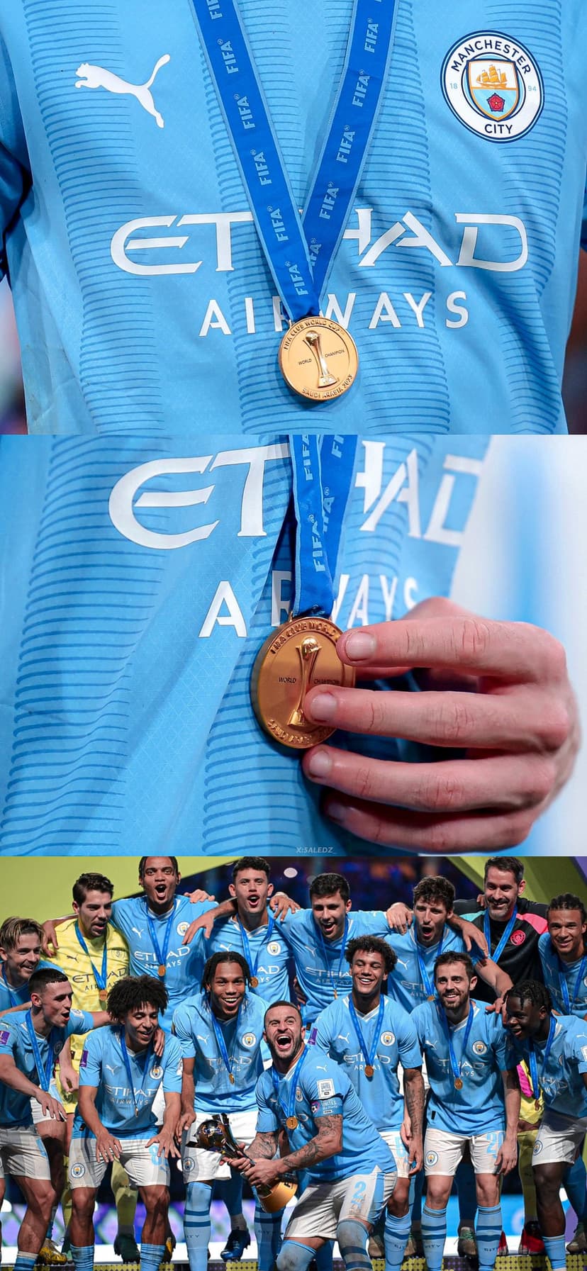 Manchester City players hold gold medals and the trophy during a FIFA Club World Cup victory celebration.