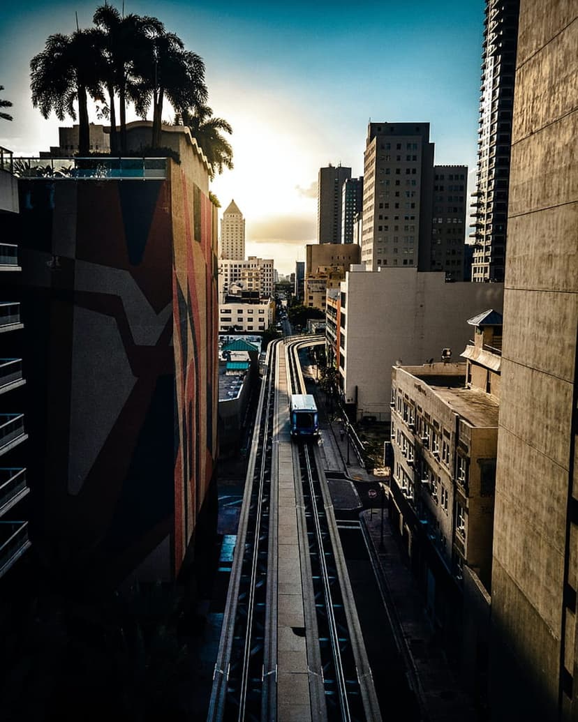 Metromover train on elevated tracks moves through a Miami skyline with skyscrapers, palm trees, and a sunlit mural.