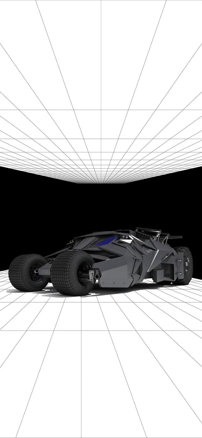 Batmobile Tumbler in matte black on a white perspective grid against a dark background with heavy tires.