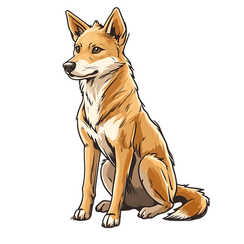 Dingo illustration in a seated pose with orange gradients, pointed ears, and sharp outlines on black background.