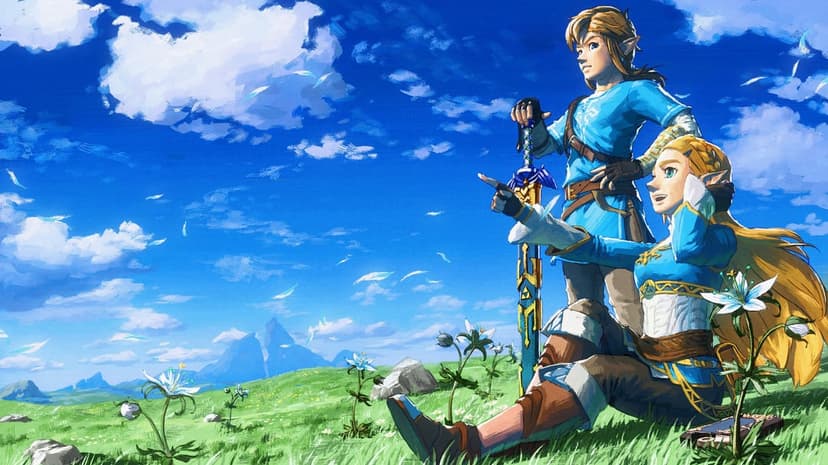 Link and Zelda looking at a distant horizon in a grassy field with white flowers under a bright blue sky.