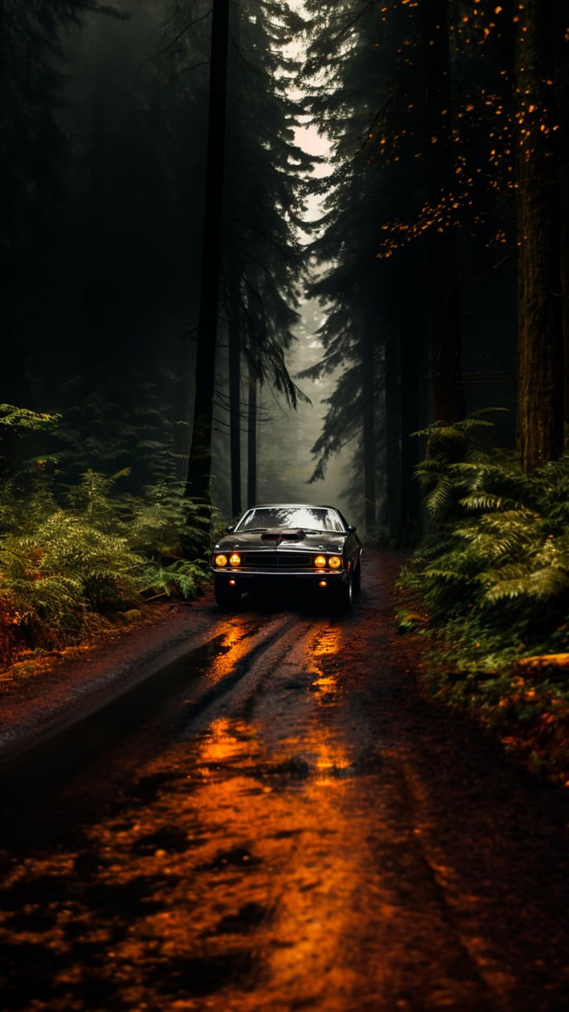 Vintage muscle car with glowing headlights on a wet forest road surrounded by tall pine trees at twilight.