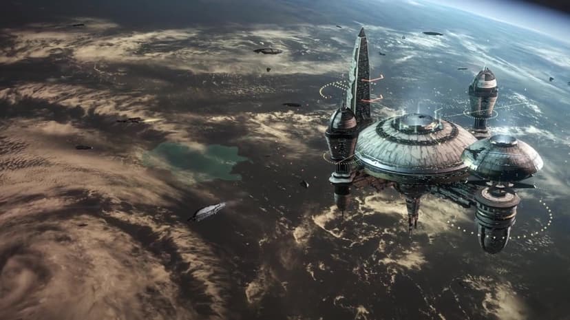 Orbital space station with glowing rings and spires floating above a brown planet with scattered starships.