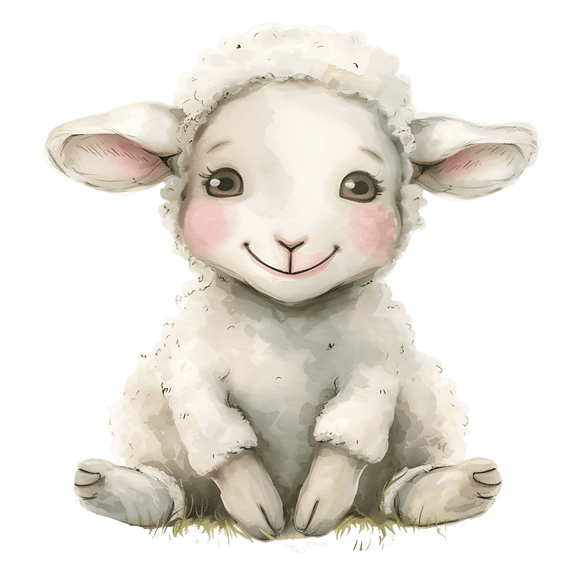 Watercolor lamb sitting on green grass against a black background with soft white wool and pink cheeks.