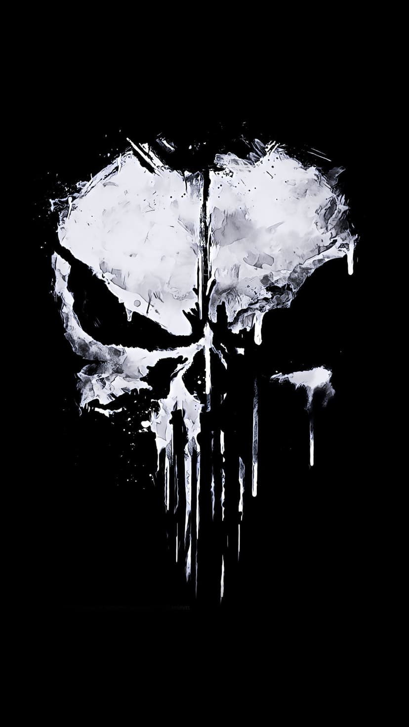 Weathered white skull with thick paint dripping from the jaw against a solid black background in high contrast.