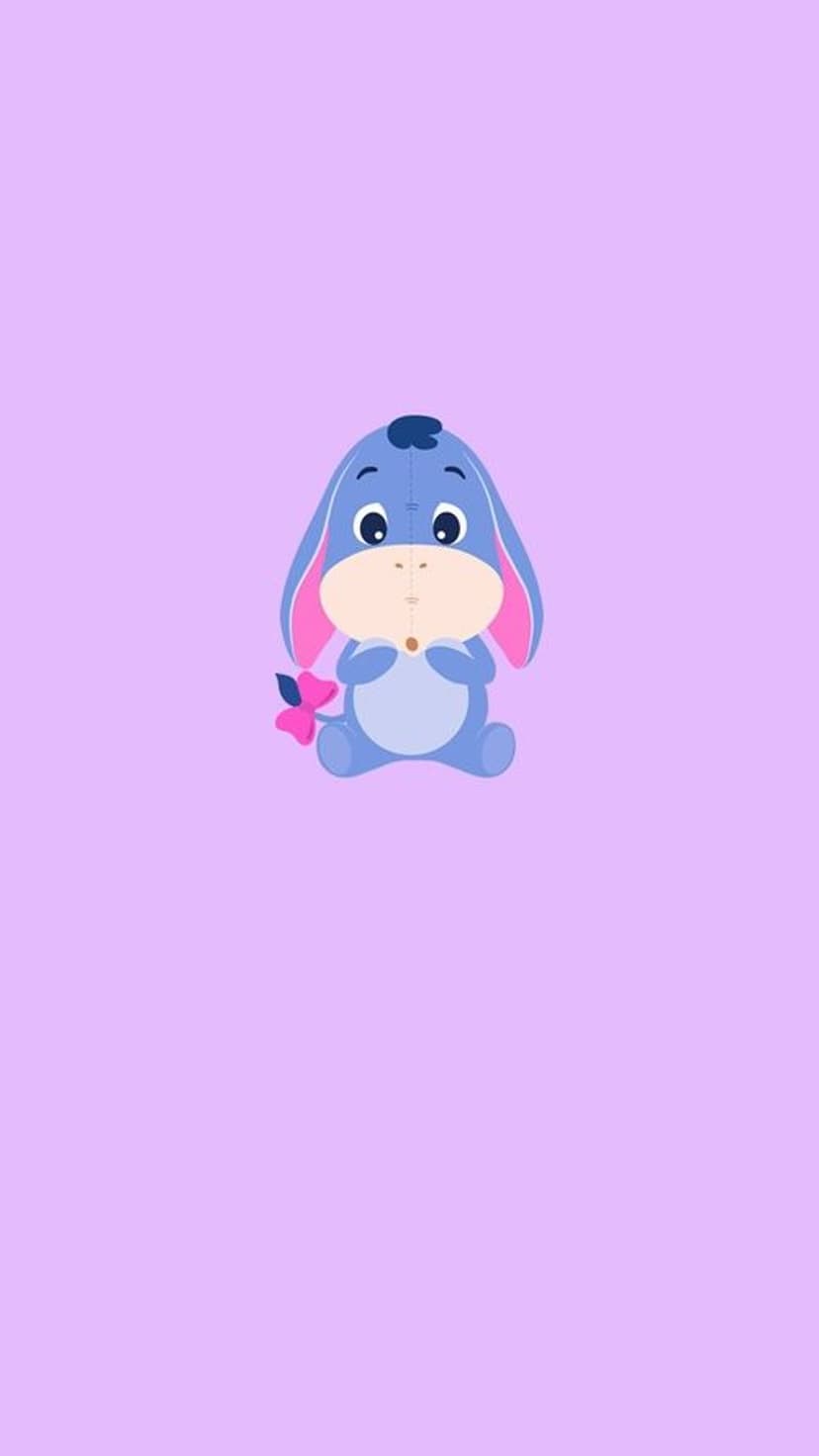 Baby Eeyore sits with a pink bow tied to his tail against a solid lilac backdrop in a serene portrait pose.