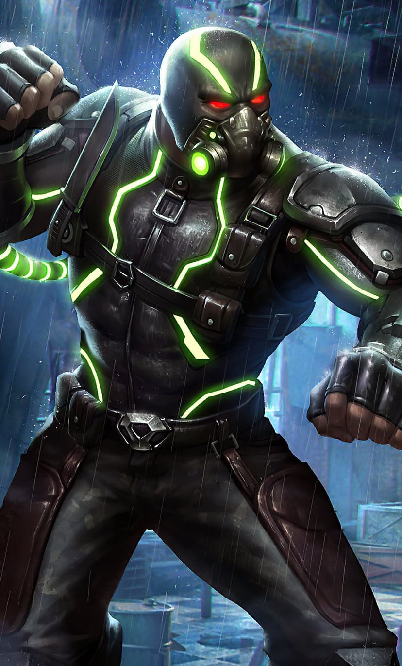 Muscular armored warrior with glowing green tubes and red eyes stands in the rain in a dark urban alleyway.