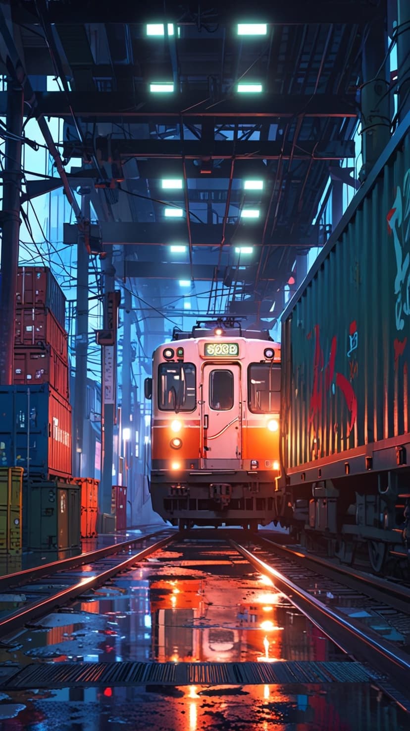 Locomotive and steel tracks reflecting orange light in a rainy shipping yard with cargo containers at dusk.