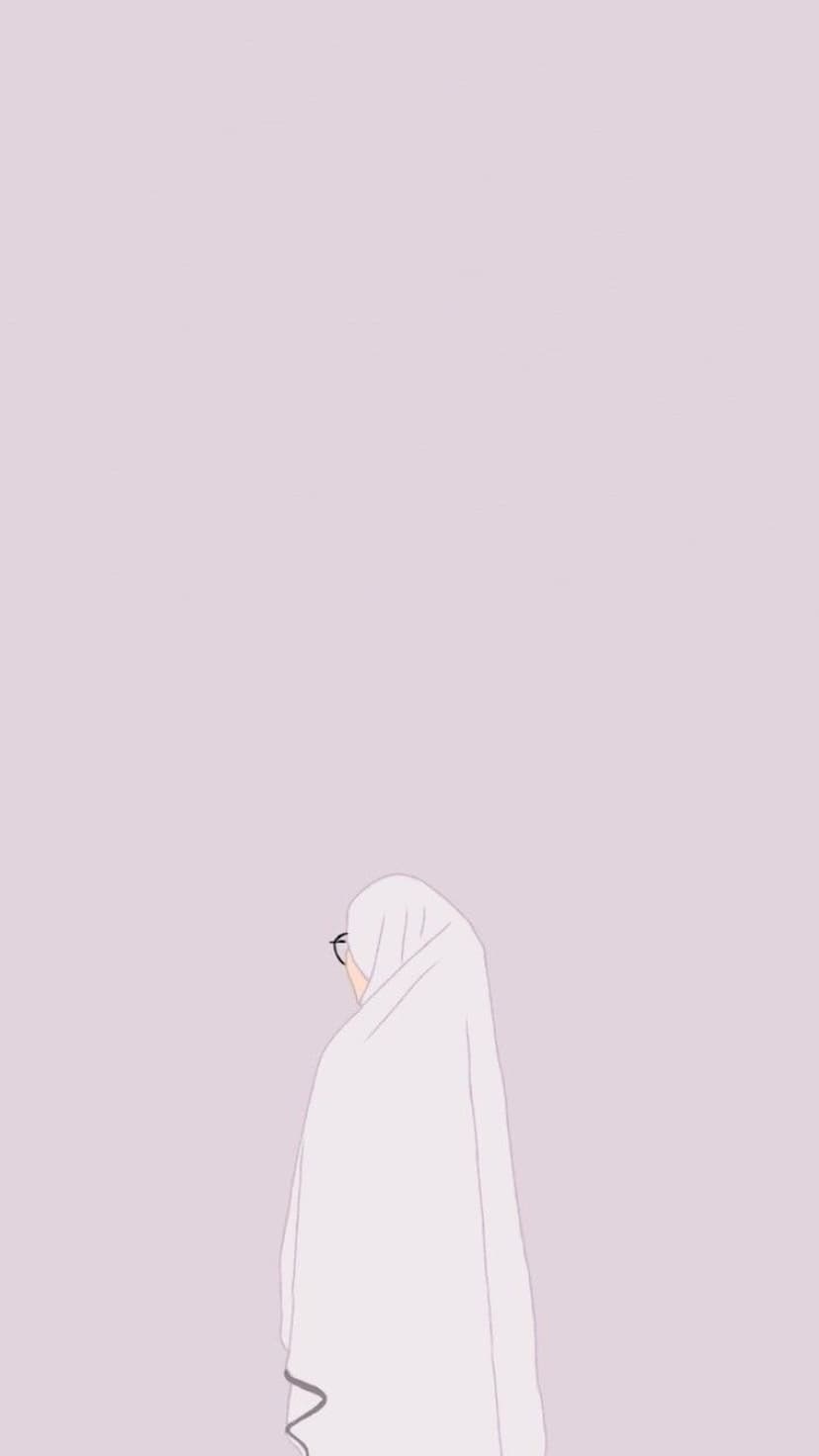 Woman wearing a white hijab and spectacles in a profile pose against a solid pastel pink studio background.