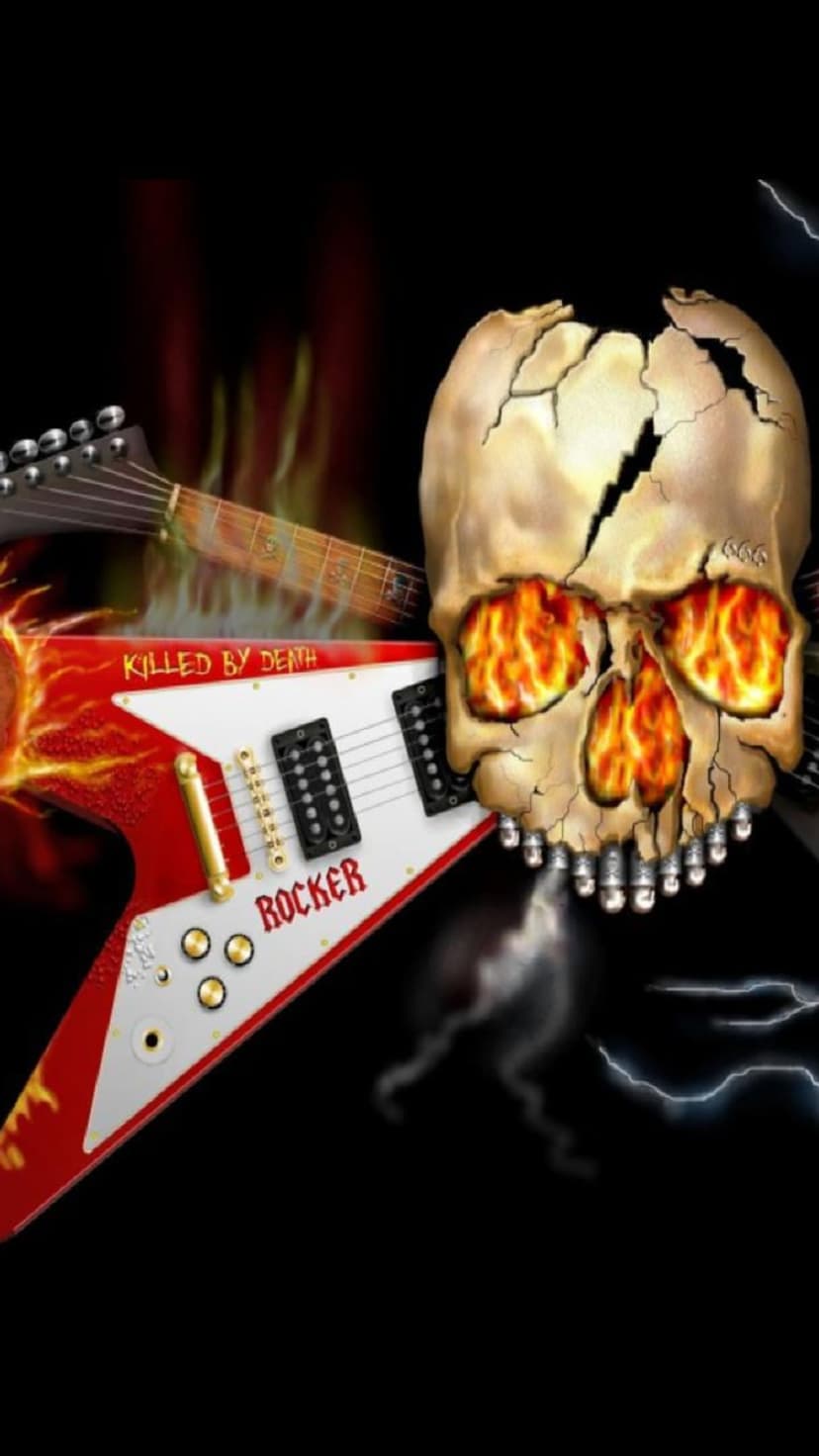 Cracked skull with fiery eyes and a white electric guitar engulfed in flames and lightning on a dark background.