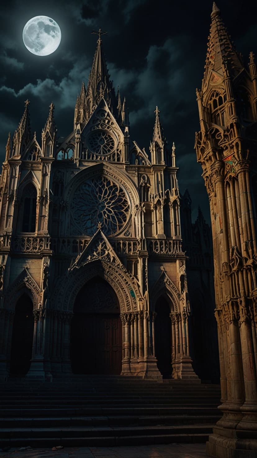 Gothic cathedral with spires and a rose window stands under a large full moon against a dark cloudy night sky.