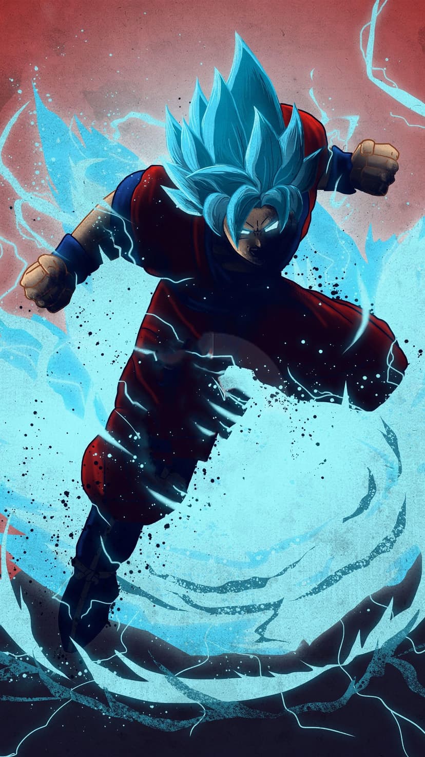 Goku lunges forward in a blue aura with crackling lightning effects against a distressed red background.