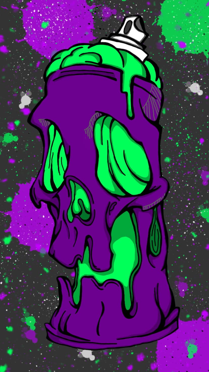 Skull-shaped spray can with melting neon green and purple paint over a dark gray splattered background.
