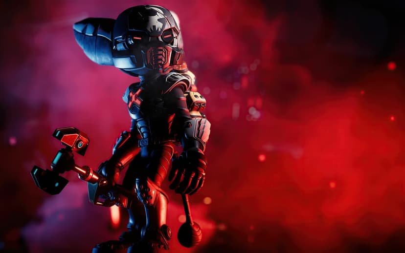 Lombax warrior in dark tactical armor with red glowing eyes holding a mechanical hammer against red mist.